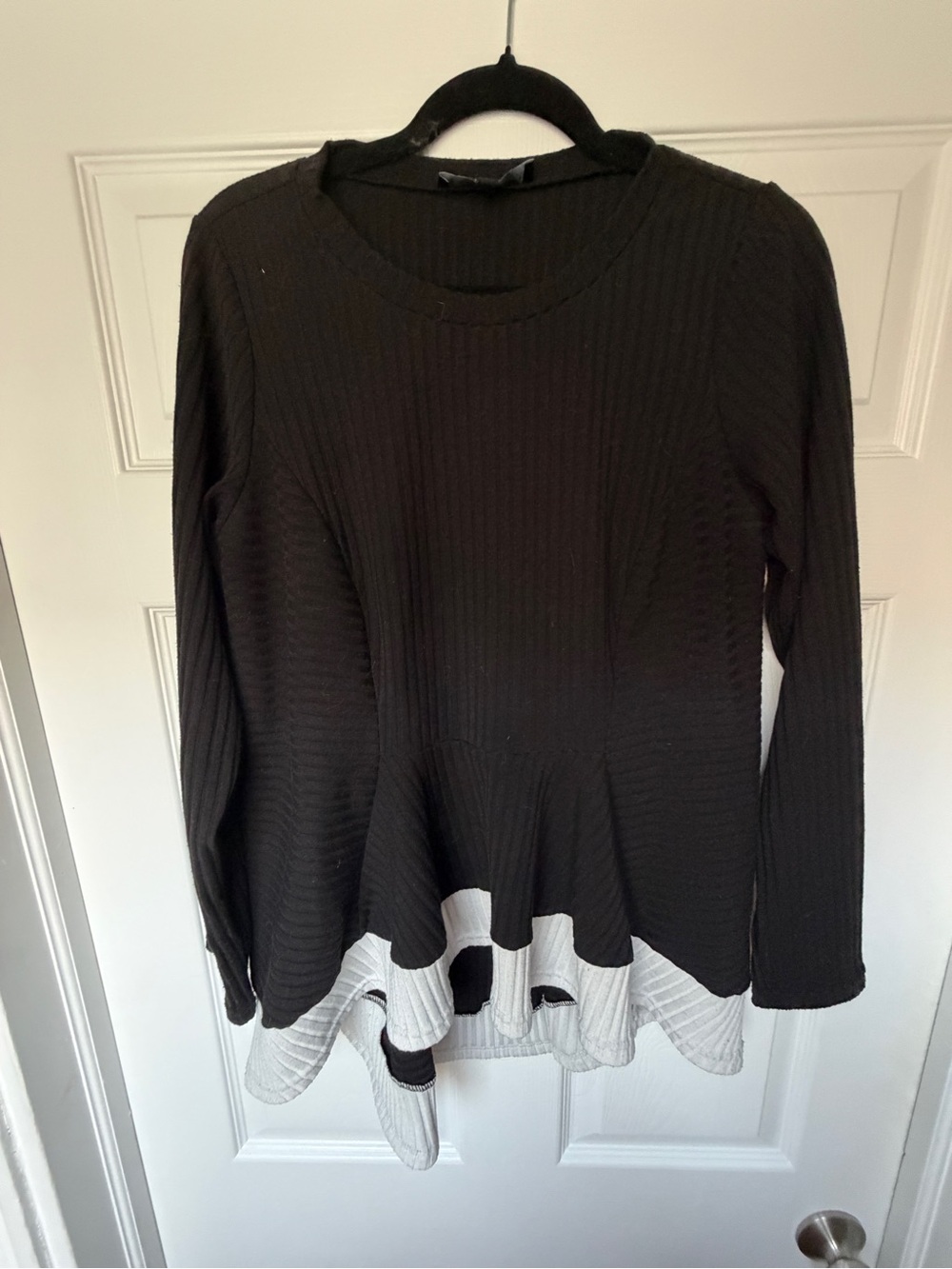 Eloquii Black Long-Sleeve Peplum Top with Cream Contrast Hem
